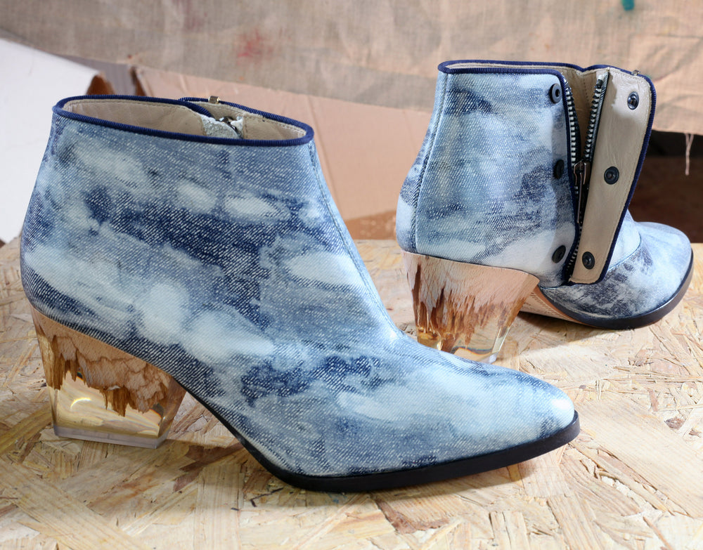 The Pollock in denim print with plexiglass glass and wood heel.