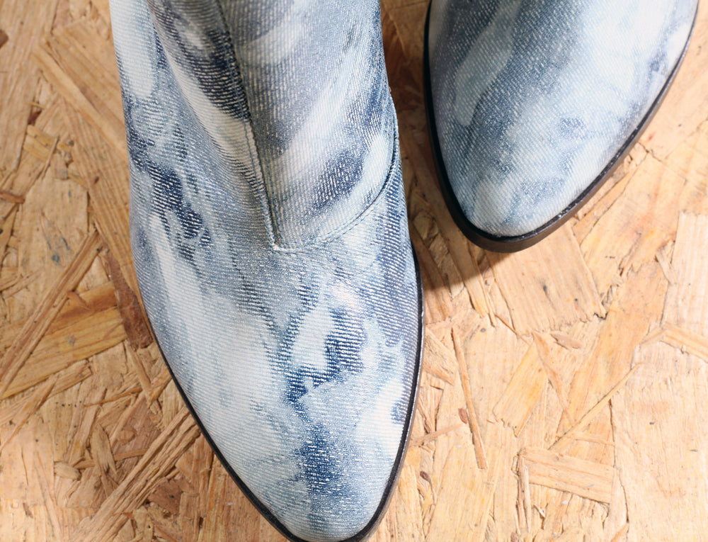 The Pollock in denim print with plexiglass glass and wood heel.
